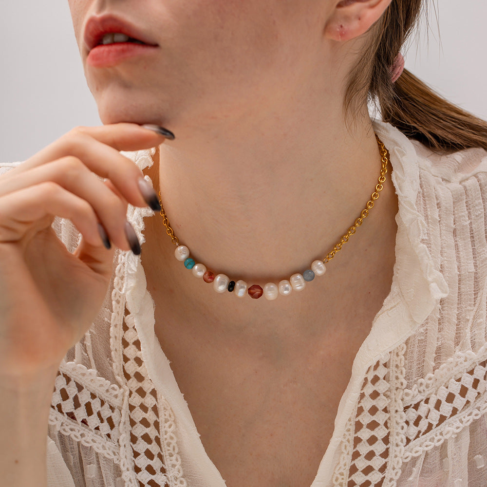 Retro fashion colorful natural stone with pearl beading design versatile necklace