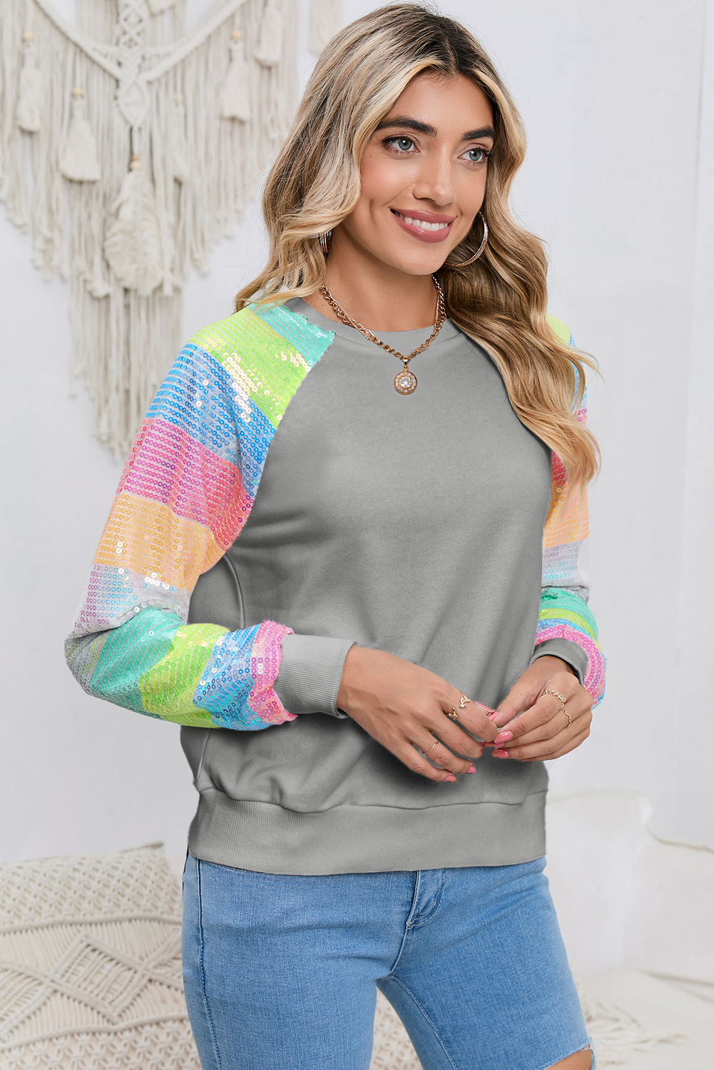 Gray Sequin Color Block Long Sleeve Pullover Sweatshirt