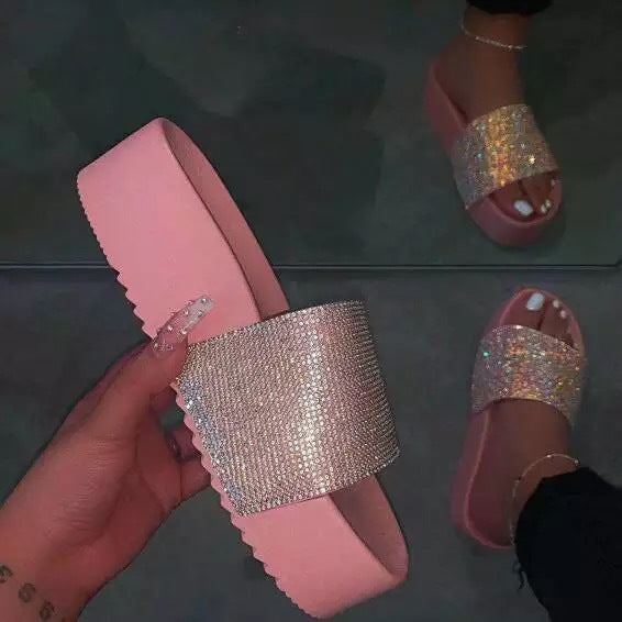 Thick bottom rhinestone home slippers