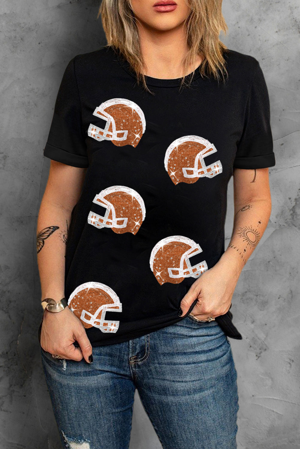 Black Sequin Baseball Helmet Graphic Crewneck T Shirt