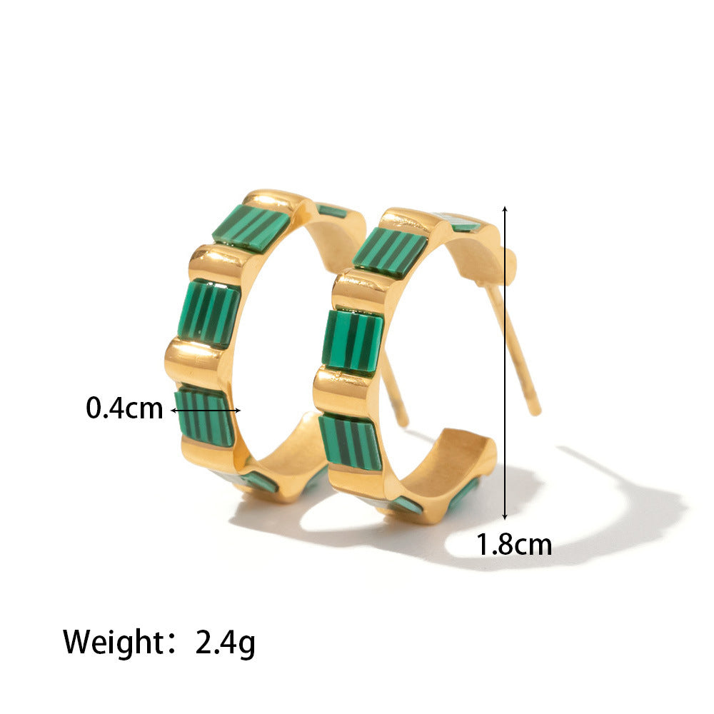 18k Gold Plated C Shape Bamboo Inlaid White Shell/Green Malachite Hoop Earrings