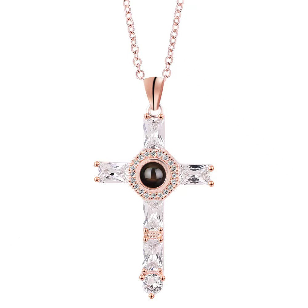 Noble Fashion Cross Inlaid Gem Design Projection Necklace