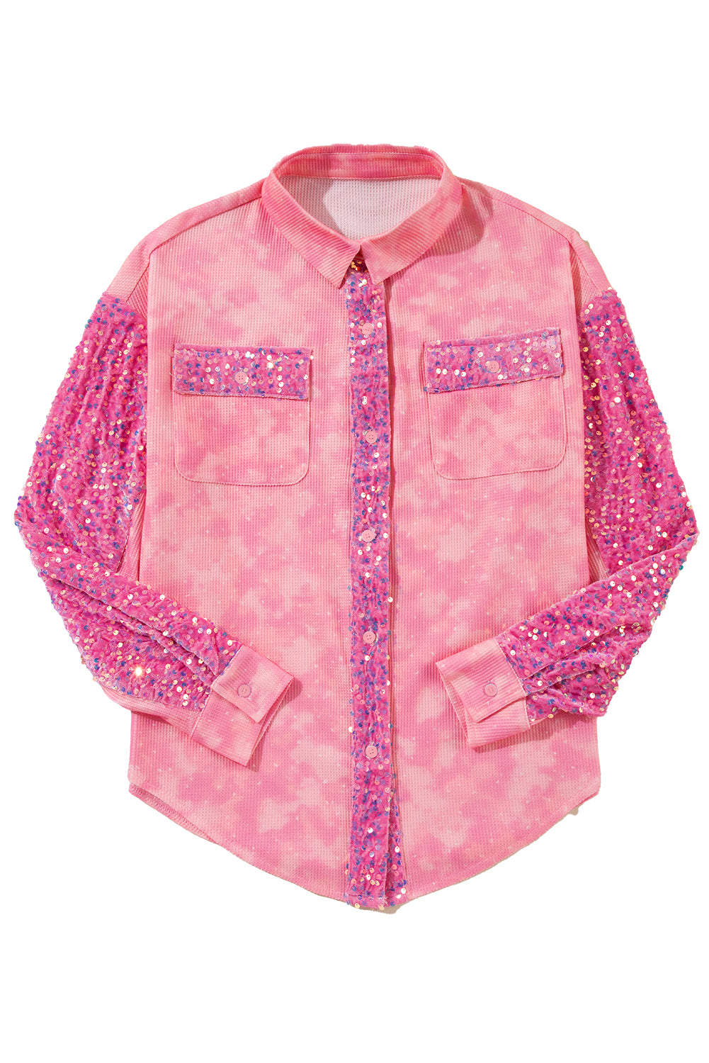 Apricot Pink Mineral Wash Sequin Patchwork Flap Pocket Shacket