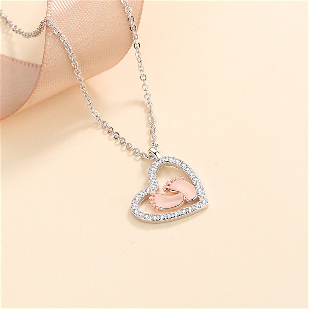 Delicate Cutout Heart Diamond and Little Feet Gift Box Pendant Necklace for an Amazing Mom