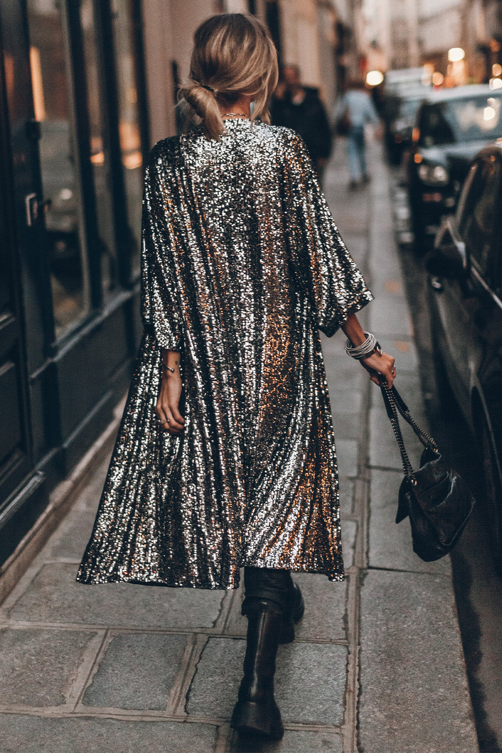 Silver Sequin Bracelet Sleeve Open Front Long Cardigan