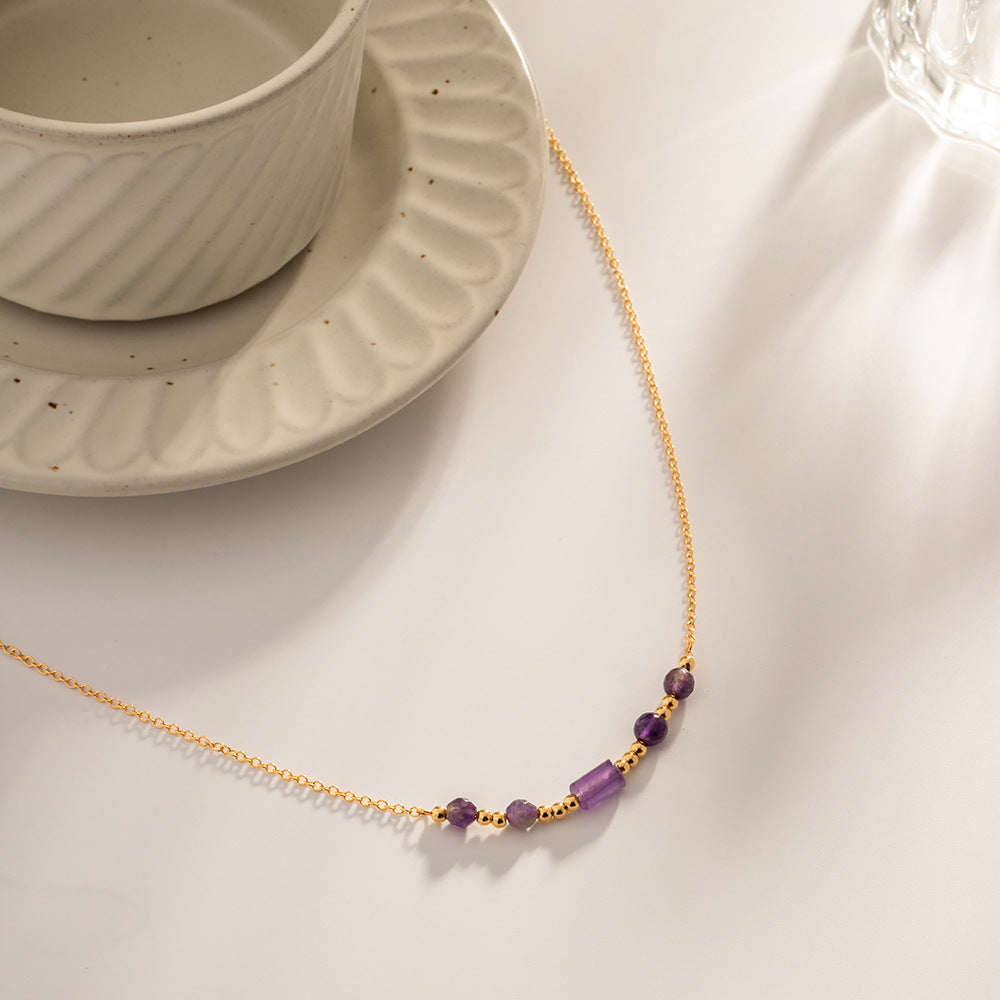 18K Gold Exquisite Fashion with Purple Crystal Pendant Design Versatile Necklace