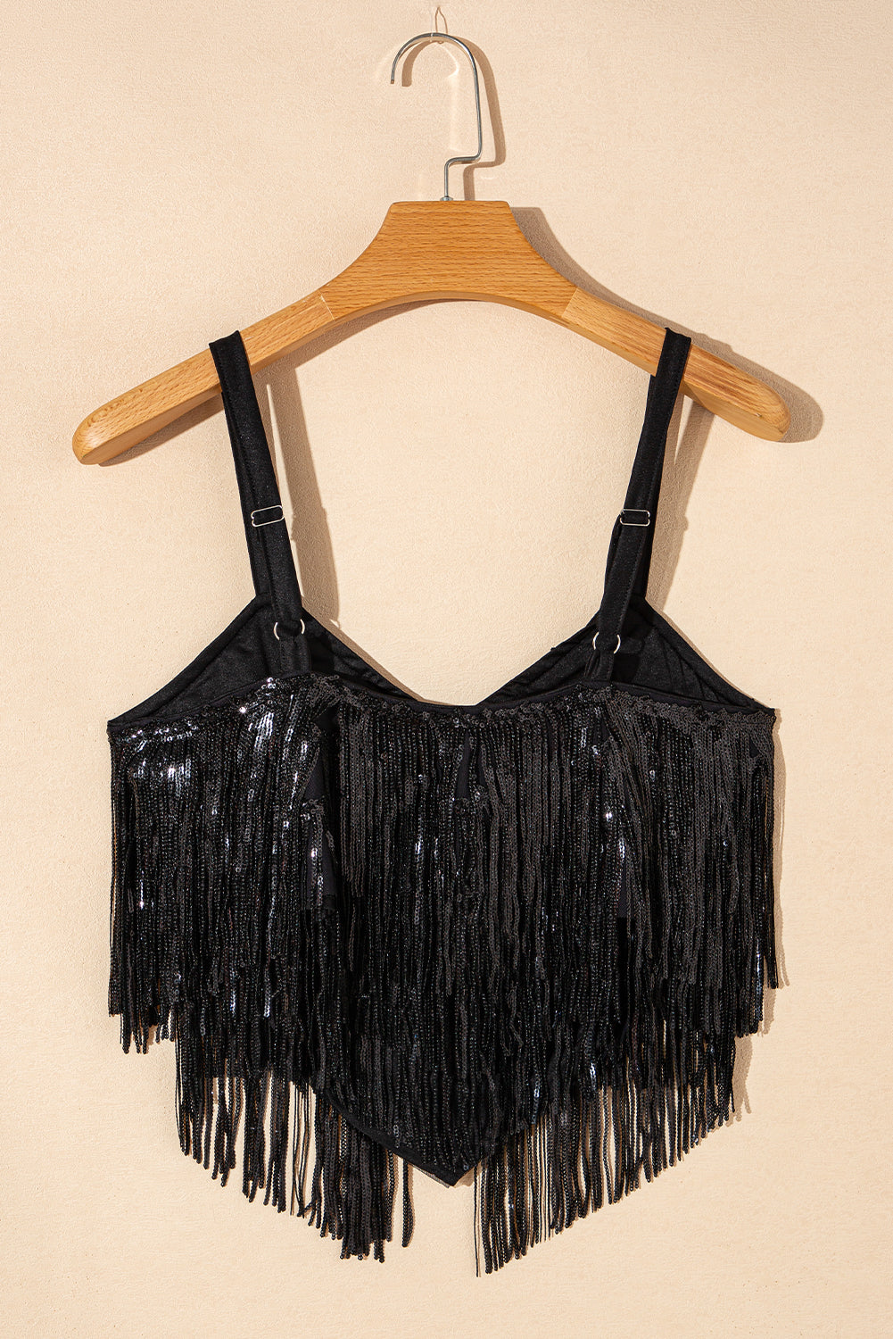 Black Sequin Tassel Adjustable Straps Crop Cami Top