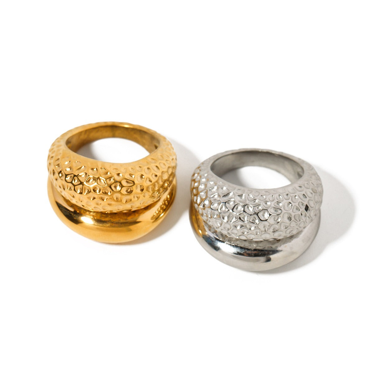 18k gold classic and fashionable double-layer hammered design ring