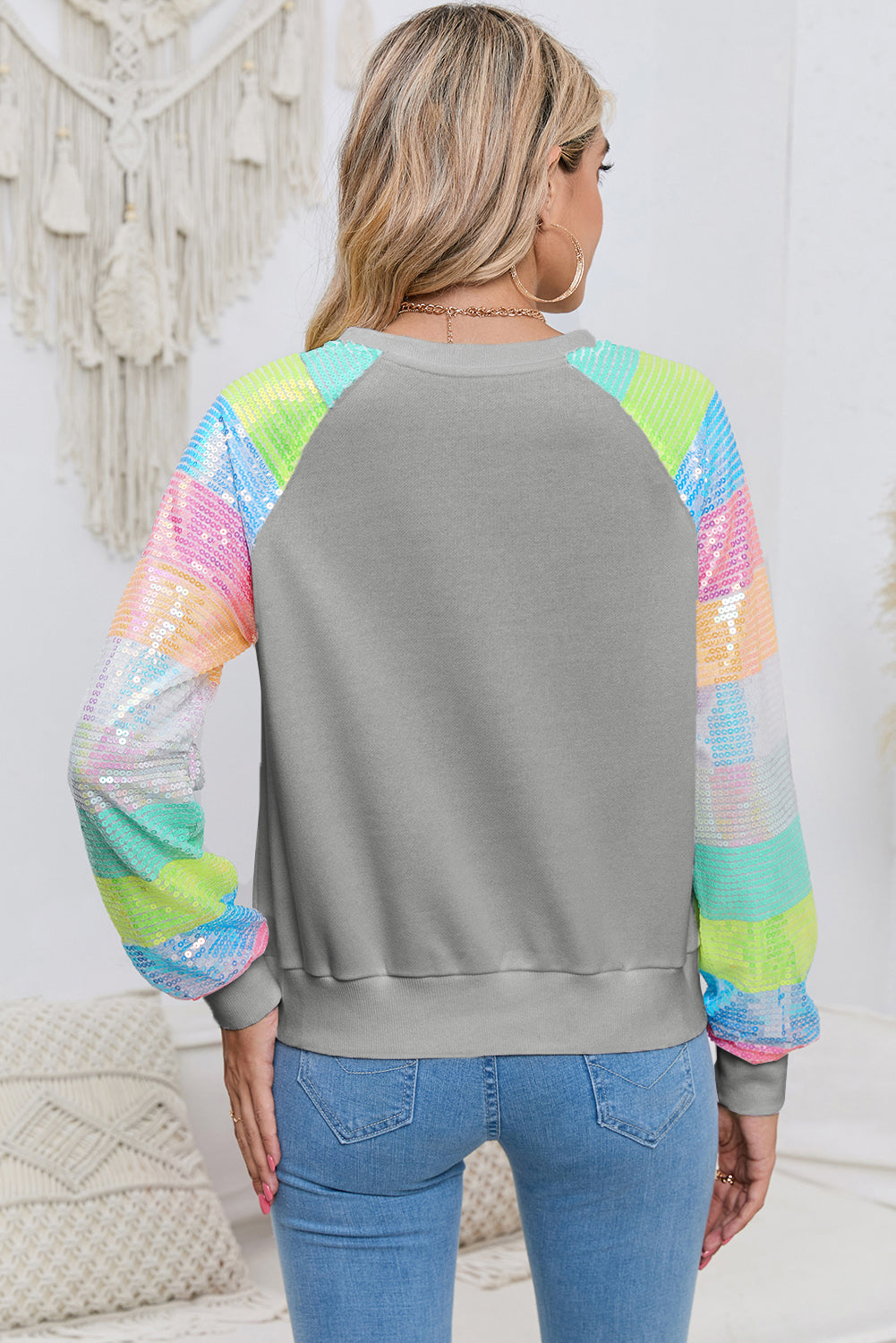 Gray Sequin Color Block Long Sleeve Pullover Sweatshirt