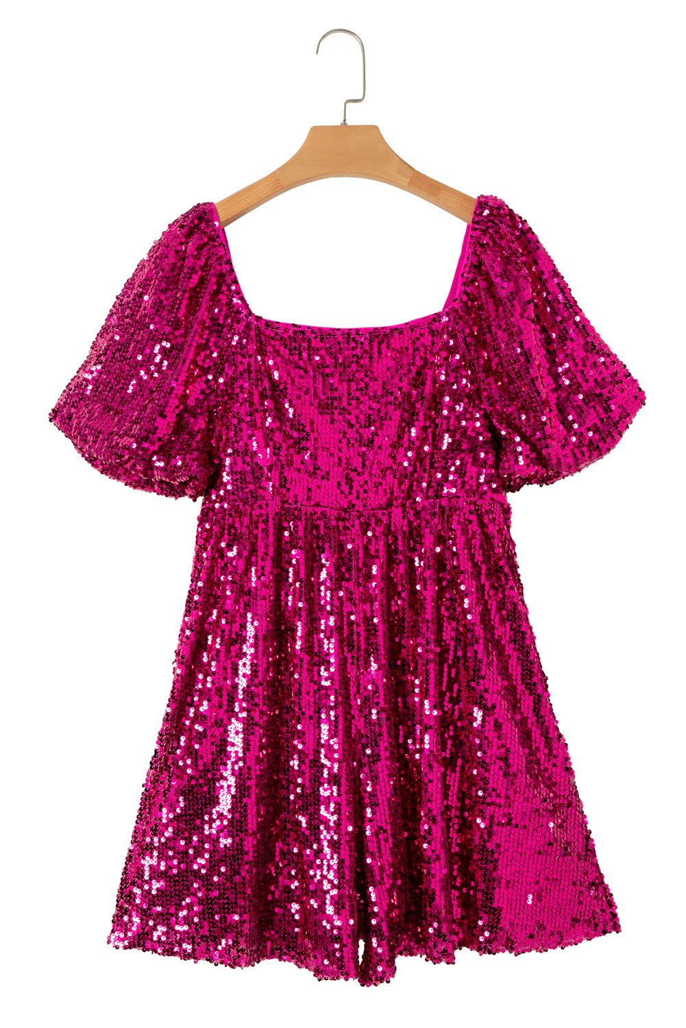 Rose Red Sequins Square Neck Puff Sleeve Babydoll Romper