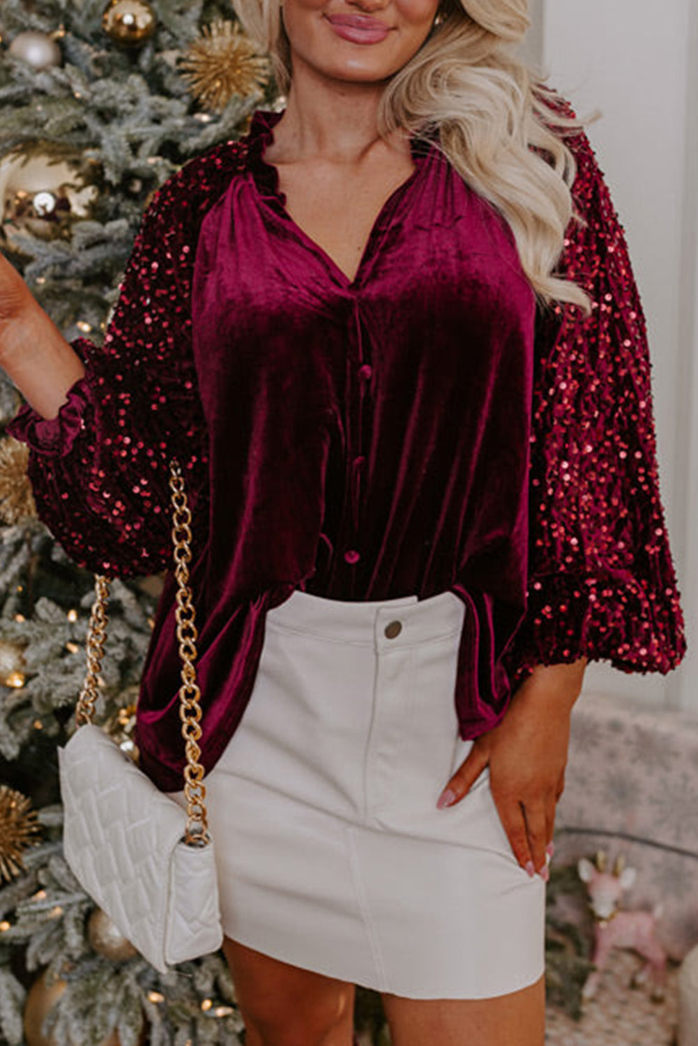 Red Dahlia Velvet Sequin Patchwork Sleeve Button Up Blouse