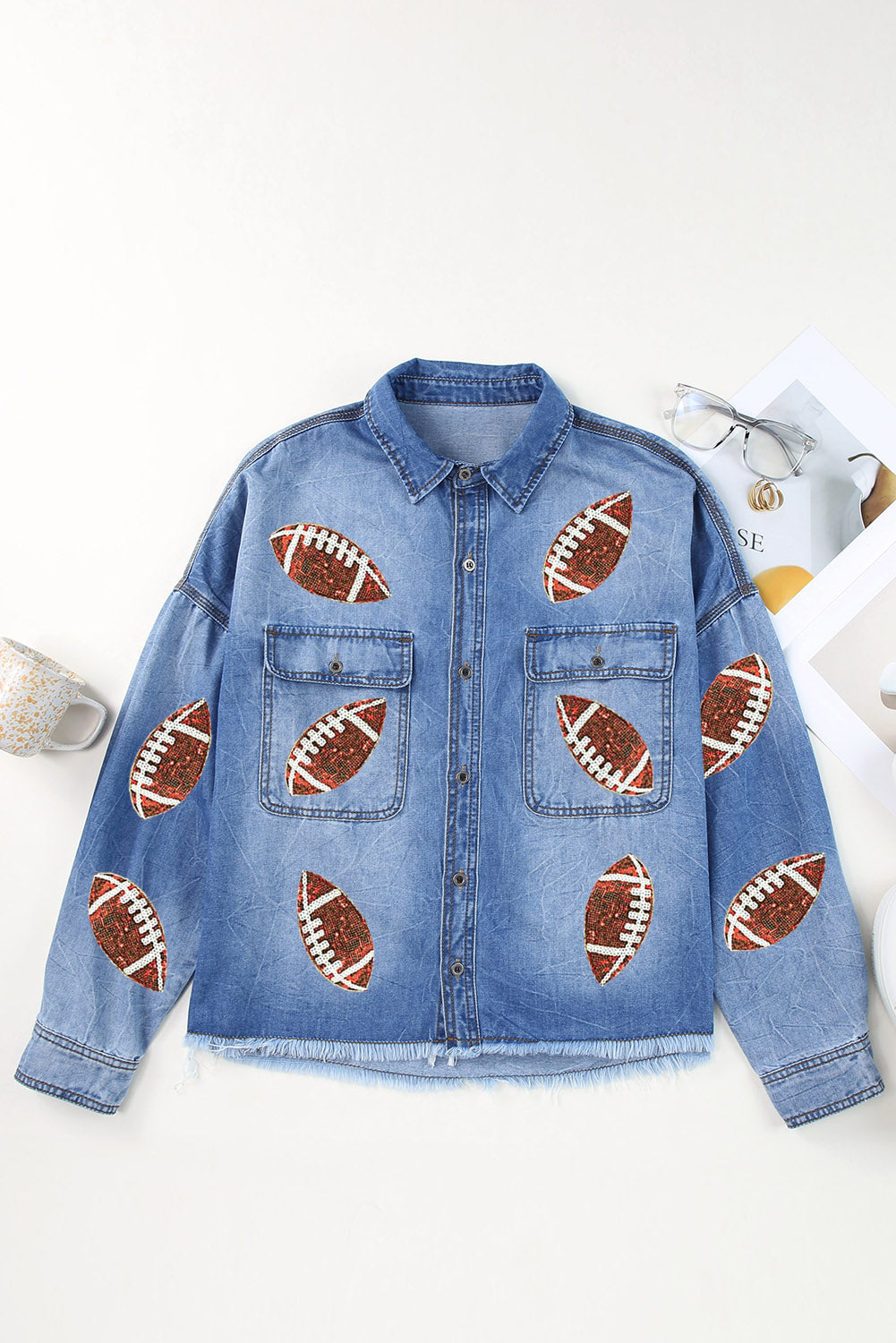 Sky Blue Sequin Rugby Graphic Flap Pockets Raw Hem Denim Jacket