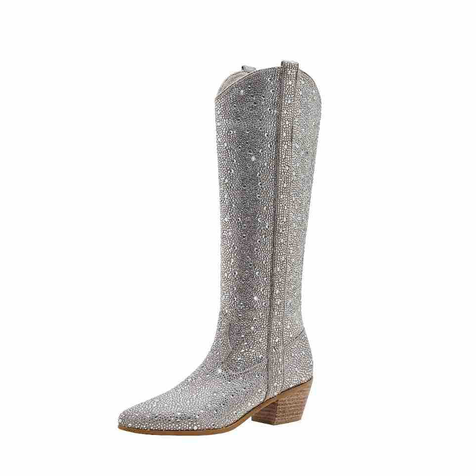 Rhinestone Pointed Toe Straight Boots