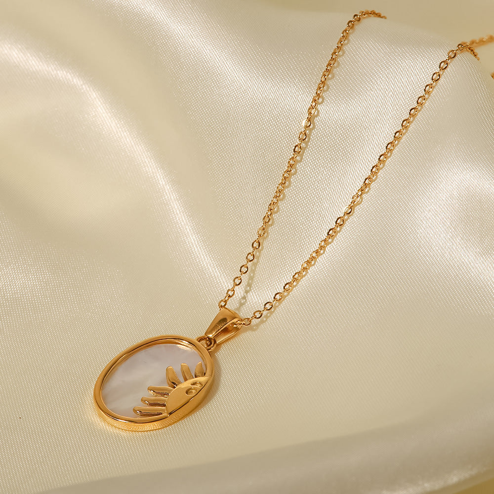 8K Gold Plated Oval Sun Moon Shell Pendant Necklace