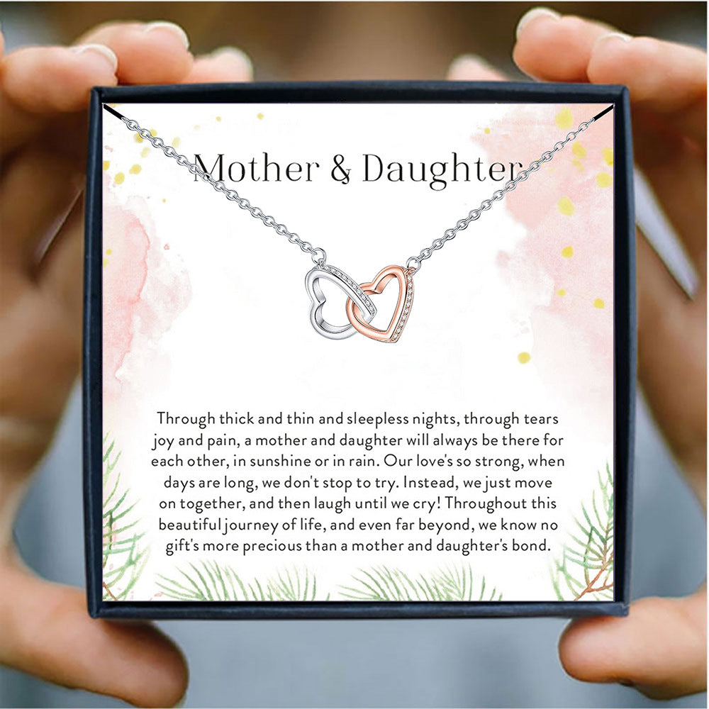 Two-tone Heart Cutout Diamond Double Interlocking Gift Box Necklace for Mom or Daughter