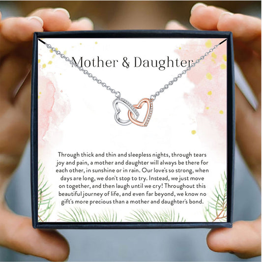 Two-tone Heart Cutout Diamond Double Interlocking Gift Box Necklace for Mom or Daughter