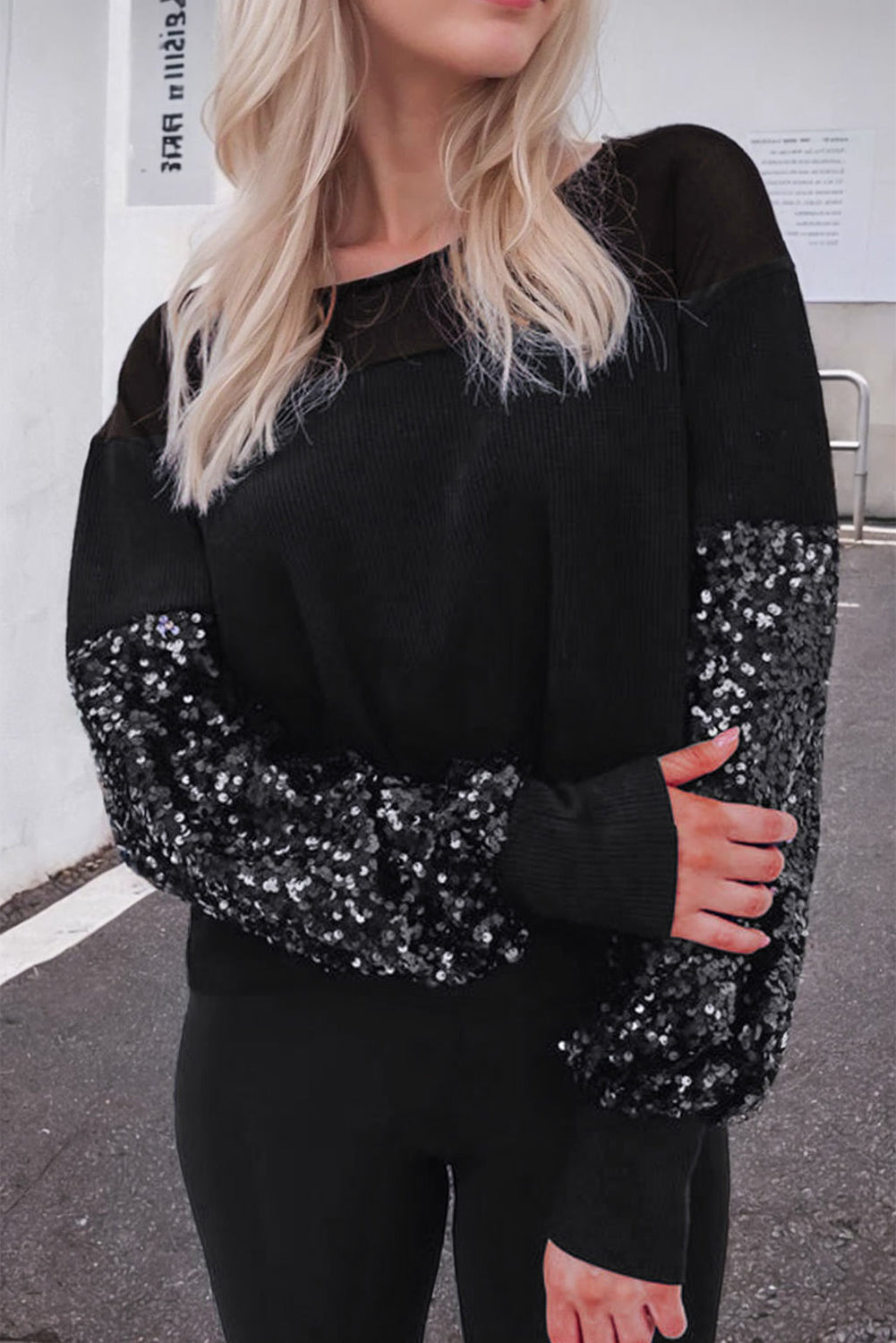 Black Sequin Lantern Sleeve Blouse