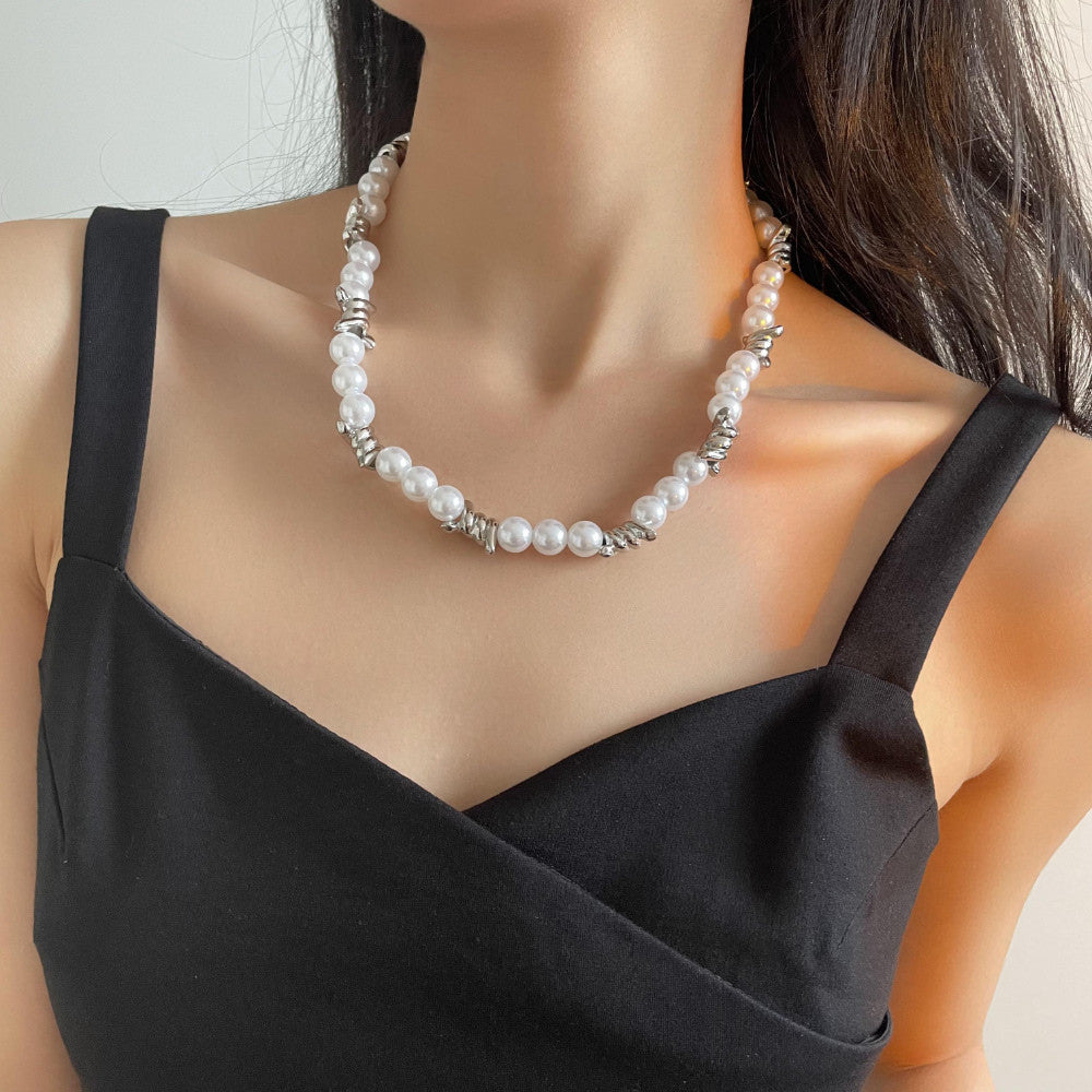 Trendy fashion stitching with pearl design punk style all-match necklace