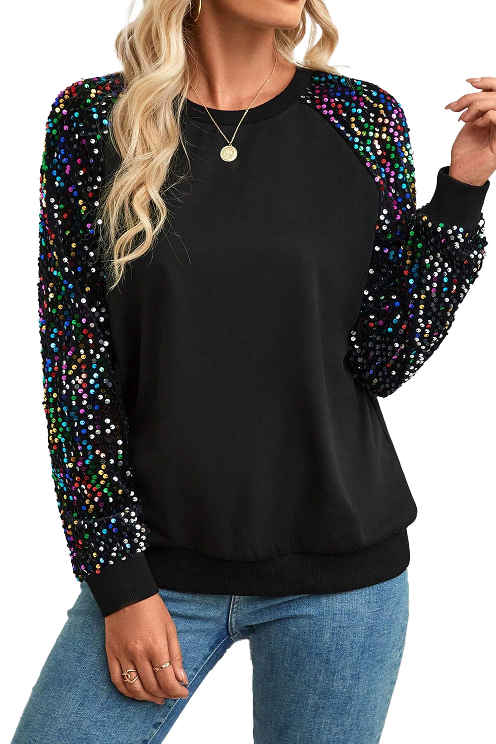 Black Sequin Raglan Sleeve Crewneck Pullover Sweatshirt