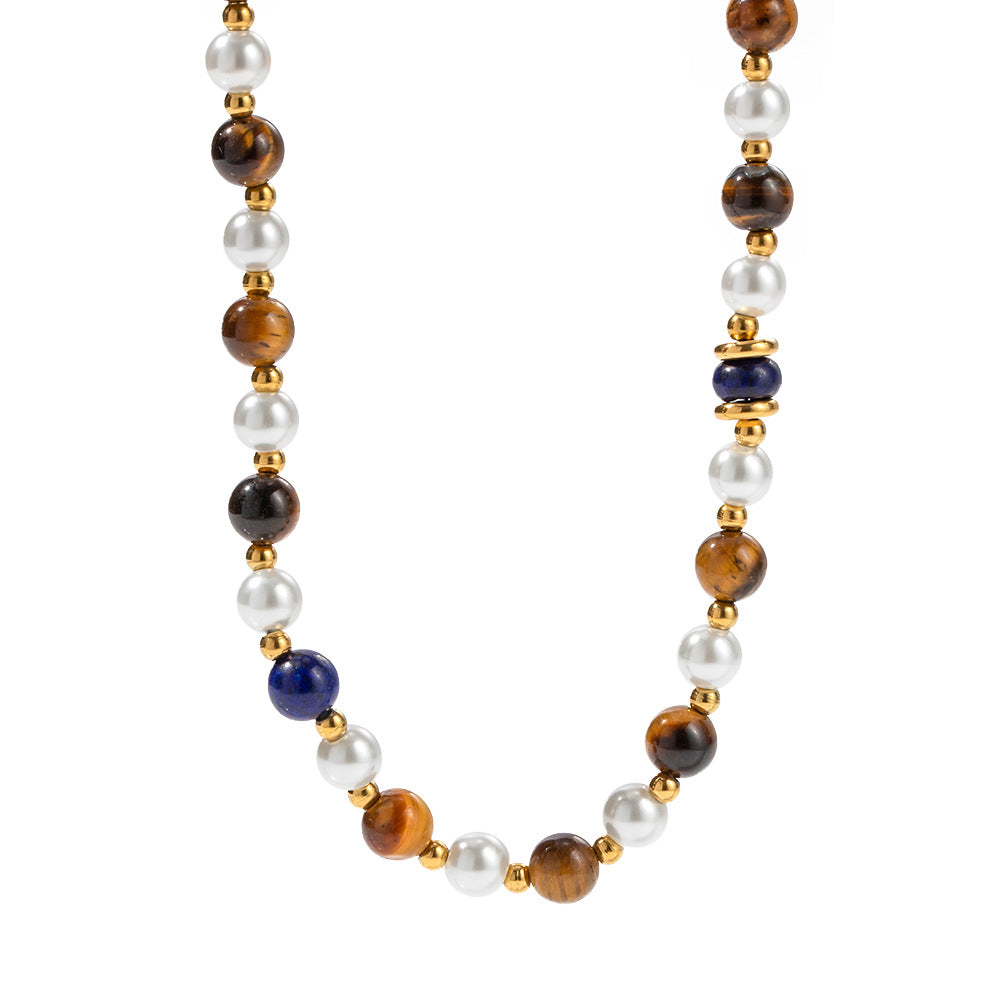 18k Gold Noble Atmosphere Inlaid Pearl Lapis Lazuli Tiger Eye Bead String Design Light Luxury Style Necklace