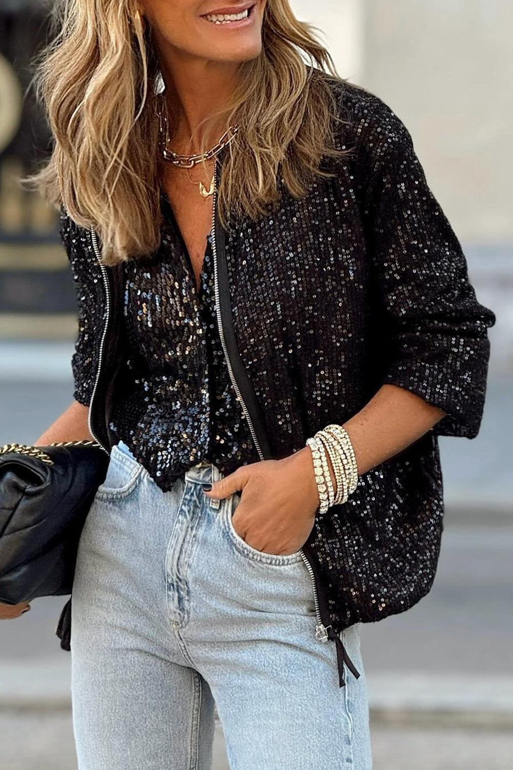 Apricot Sequin Zipper-up Jacket