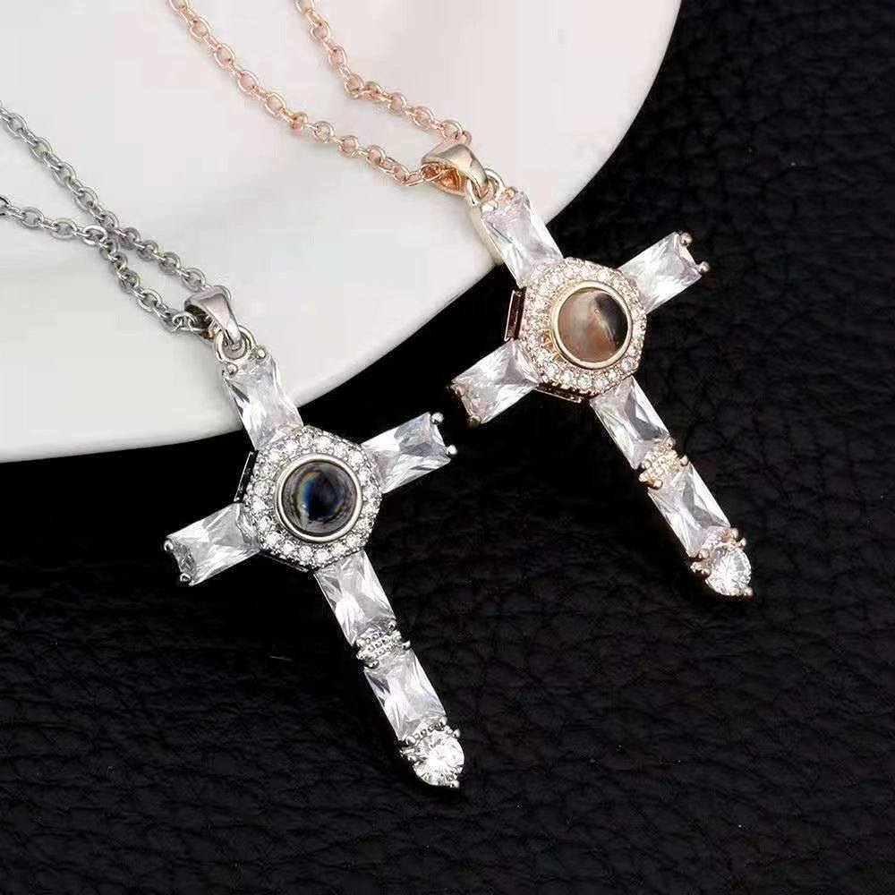 Noble Fashion Cross Inlaid Gem Design Projection Necklace