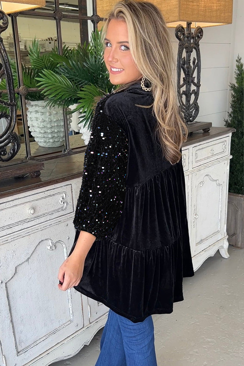 Black Velvet Sequin Puff Sleeve Button Babydoll Blouse