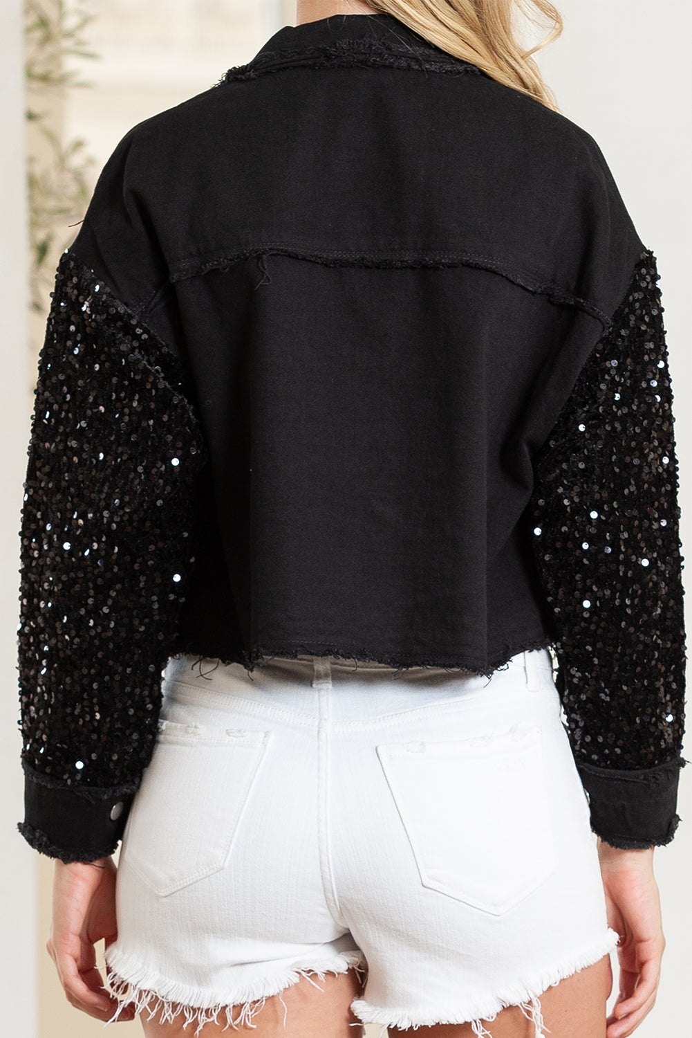 Black Sequin Sleeve Pocketed Raw Hem Denim Jacket