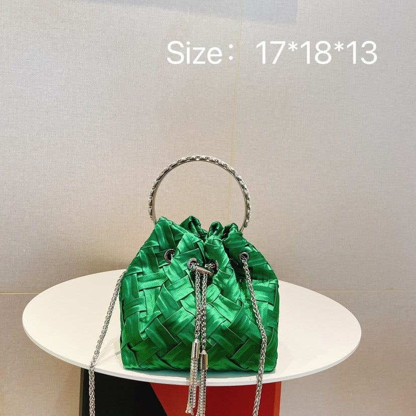 Rhinestone Ring Chain Tassel Woven Bag