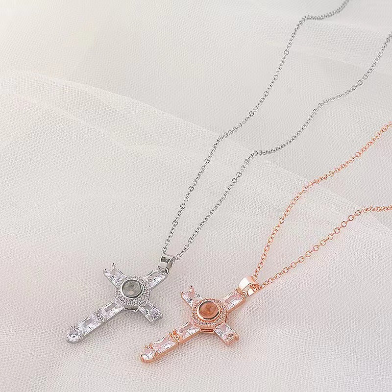 Noble Fashion Cross Inlaid Gem Design Projection Necklace