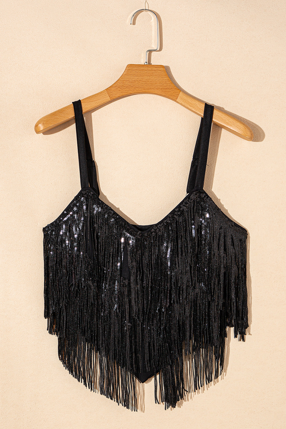 Black Sequin Tassel Adjustable Straps Crop Cami Top