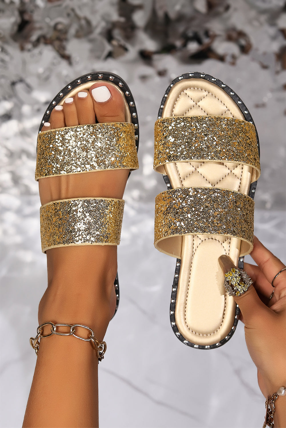 Black Glittering Hollow Out Dual Straps Flat Slides Shoes