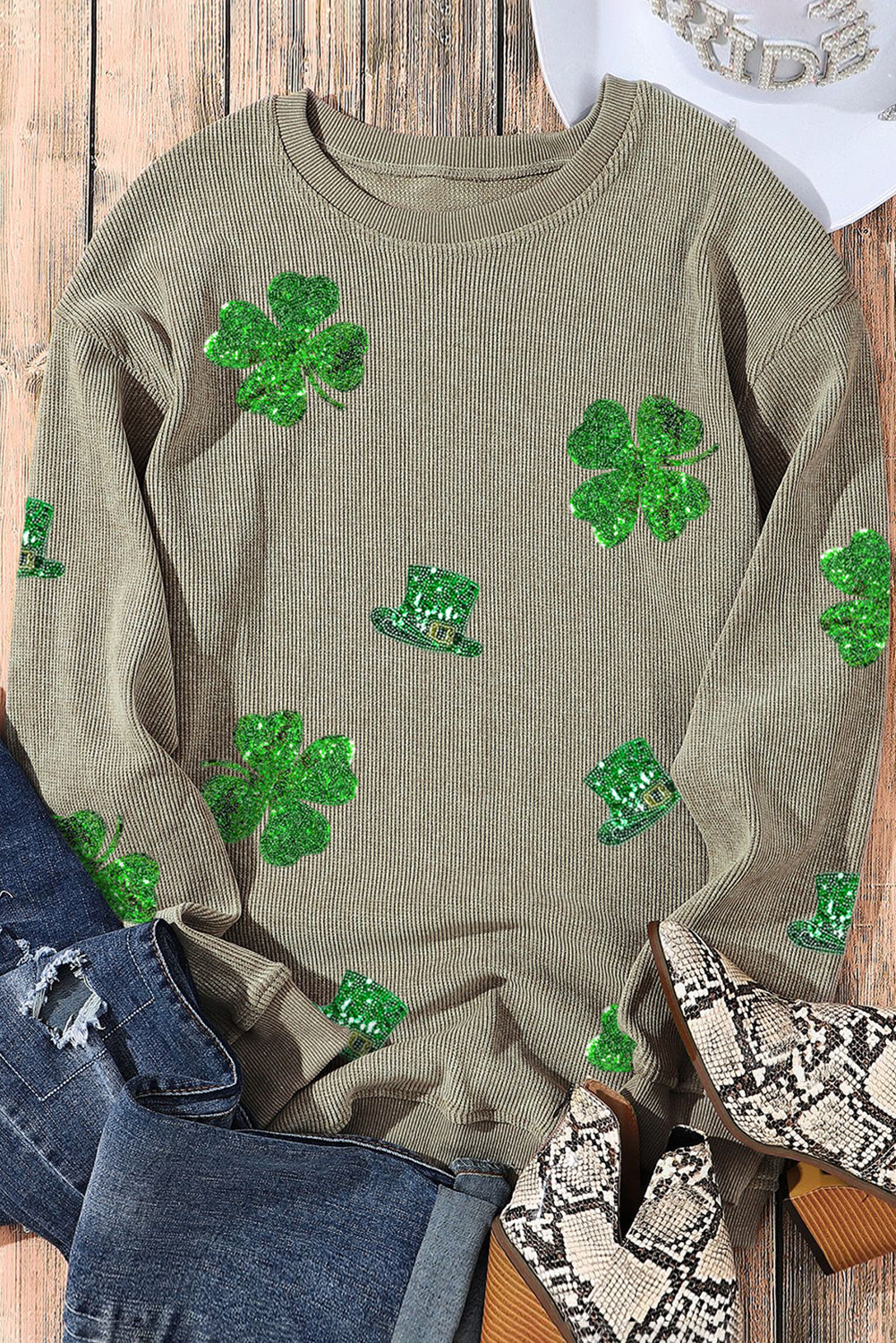 Green St Patrick Sequined Clover Graphic Corded Sweatshirt