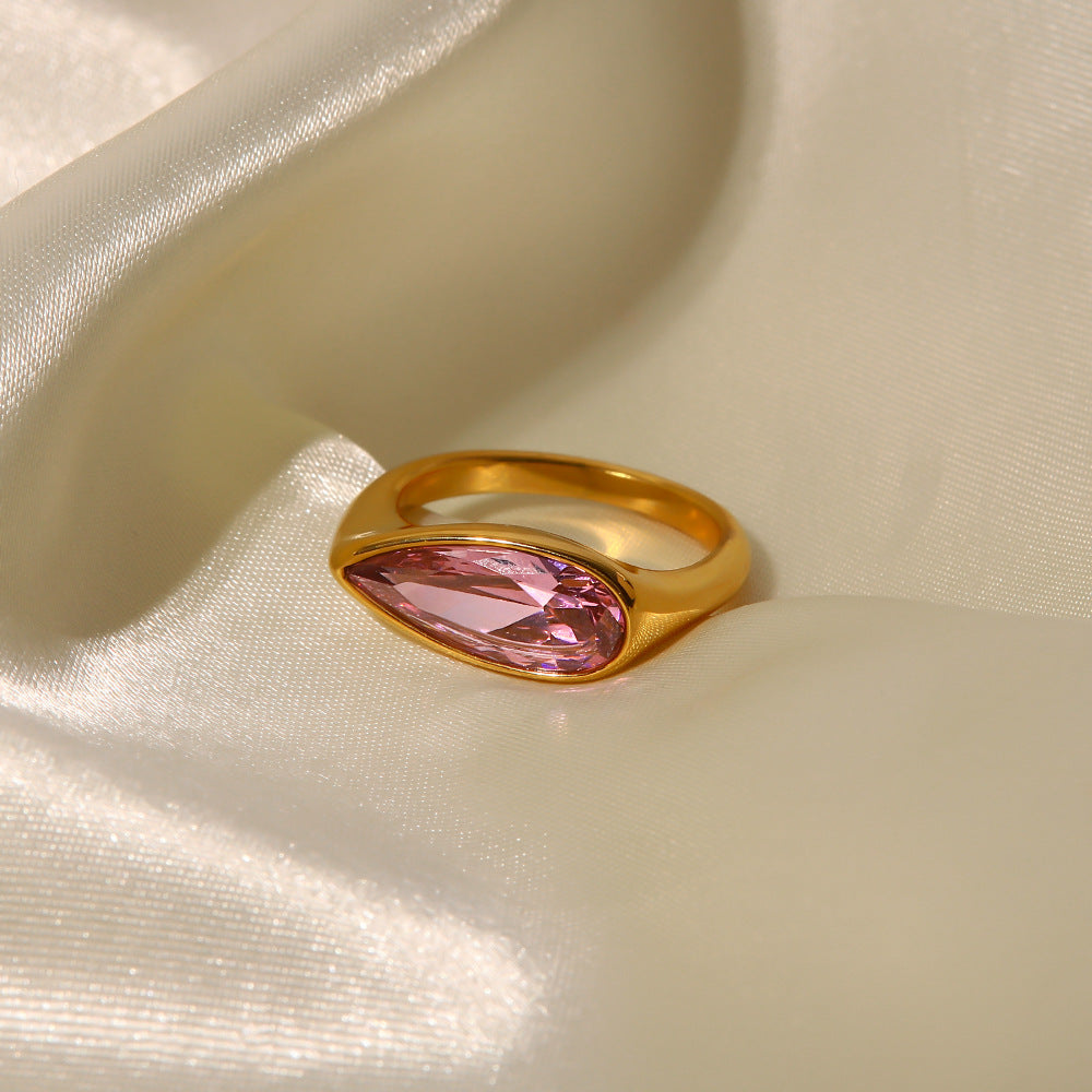 18K Fashion Simple Inlaid Oval Pink Cubic Zirconia Ring