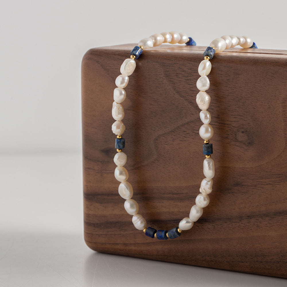 Classic Noble Karaine Blue Lapis Lazuli with Natural Freshwater Pearl Beaded Design Versatile Necklace