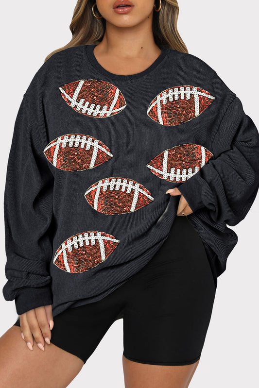 Black Plus Size Corded Sequin Rugby Graphic Drop Shoulder Sweatshirt