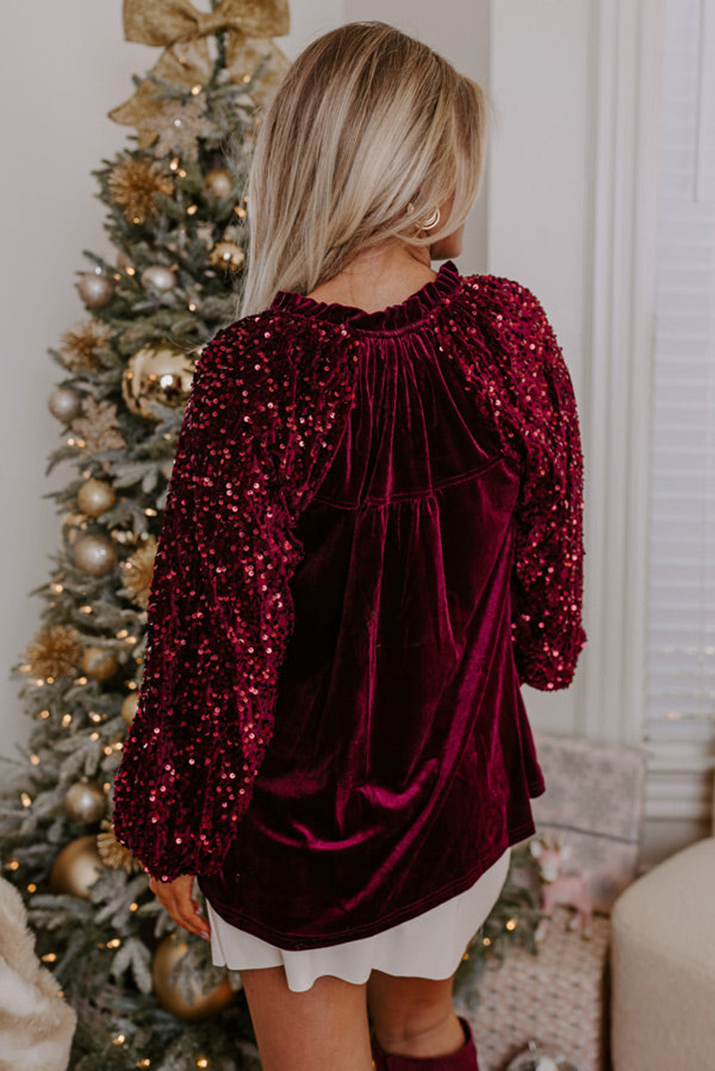 Red Dahlia Velvet Sequin Patchwork Sleeve Button Up Blouse