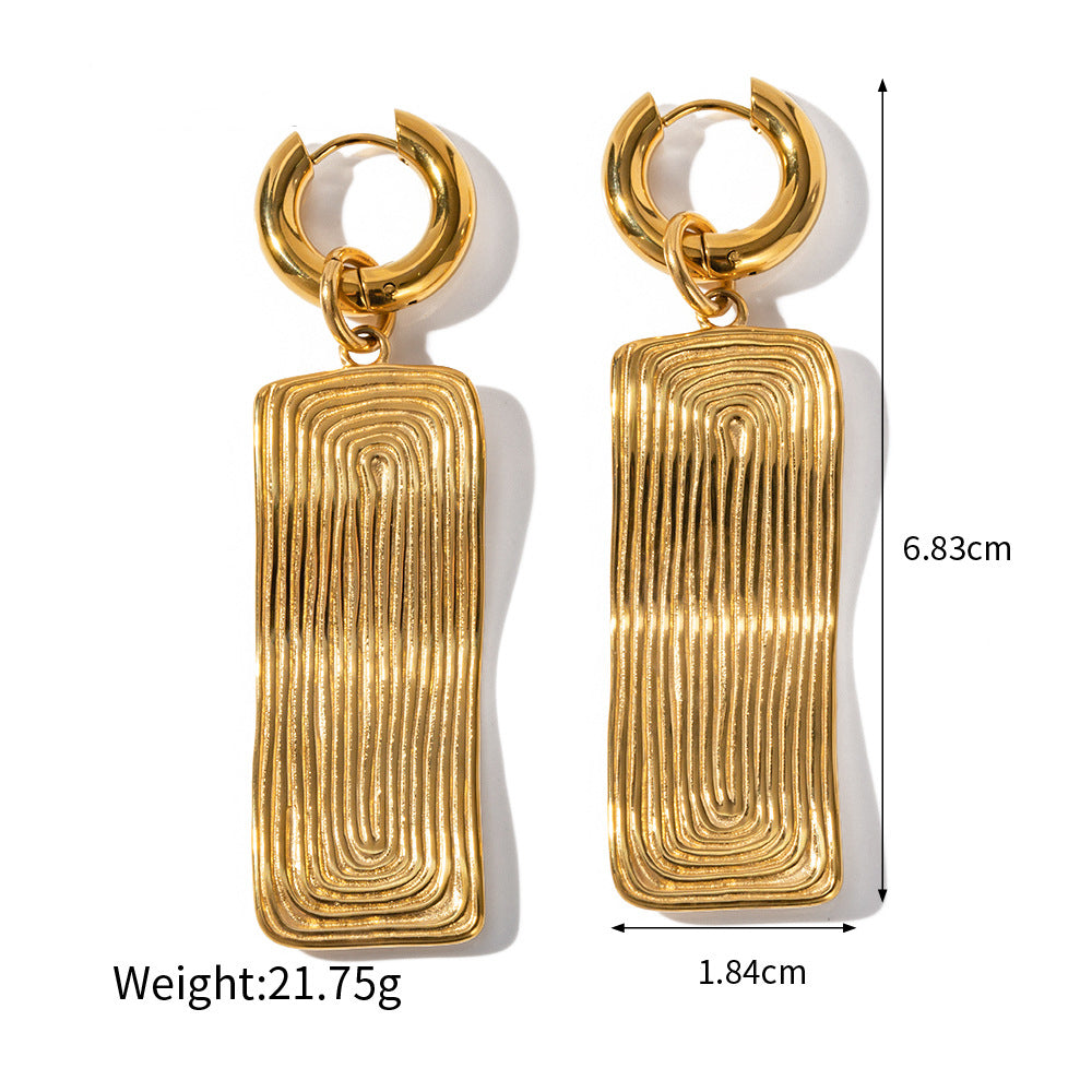 18K Gold Fashion Simple Thread Rectangular Design Pendant Necklace Earrings Set