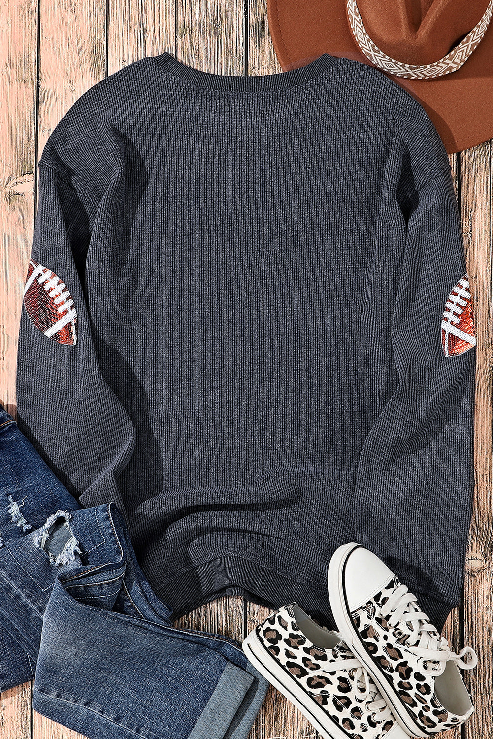 Gray Sequin Rugby Graphic Corded Baggy Sweatshirt