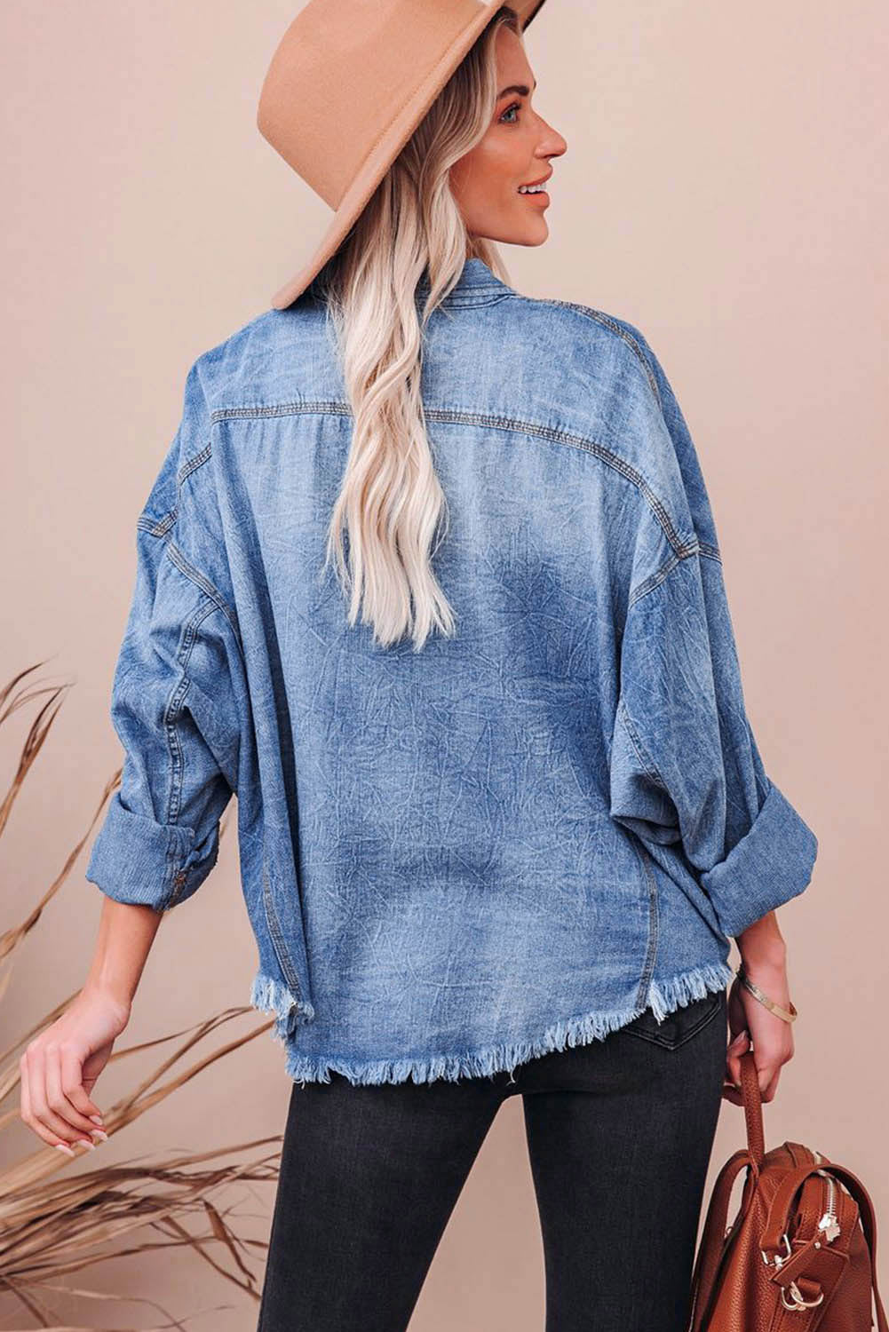 Sky Blue Sequin Rugby Graphic Flap Pockets Raw Hem Denim Jacket