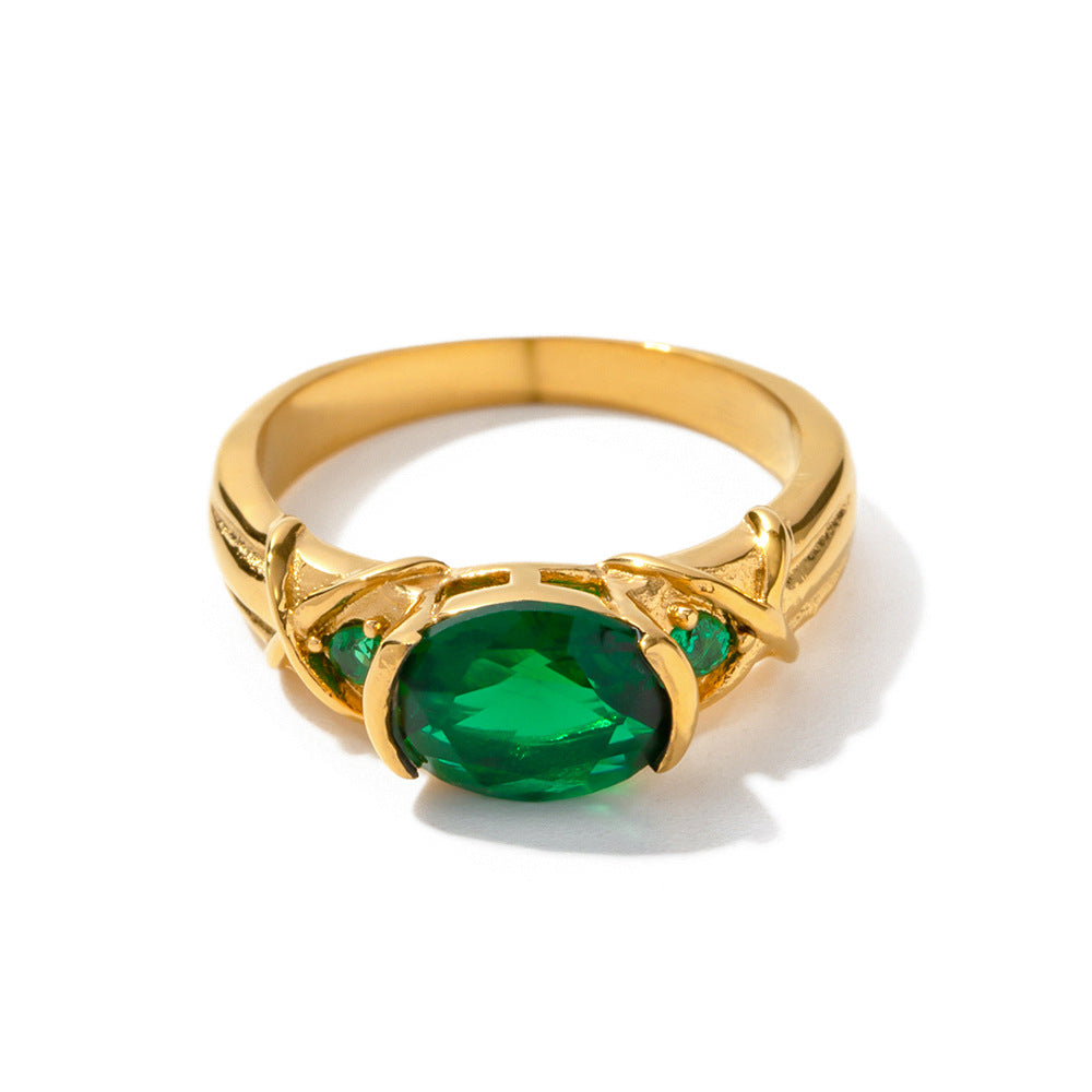 18K Gold Exquisite Fashion Inlaid Large Oval Green Zircon Design Versatile Ring