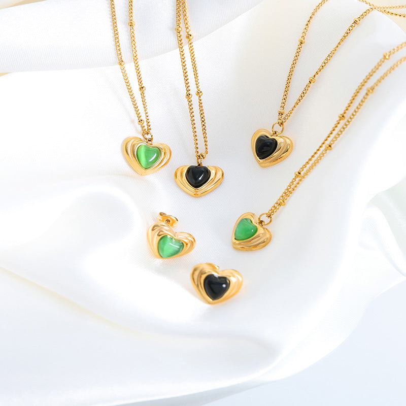 18K Gold Vintage Fashion Heart Shape Inlaid Gemstone Design Necklace Earrings Set