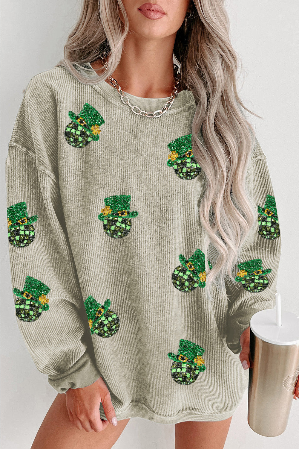 Green Sequin St Patrick Disco Ball Patch Corded Graphic Sweatshirt