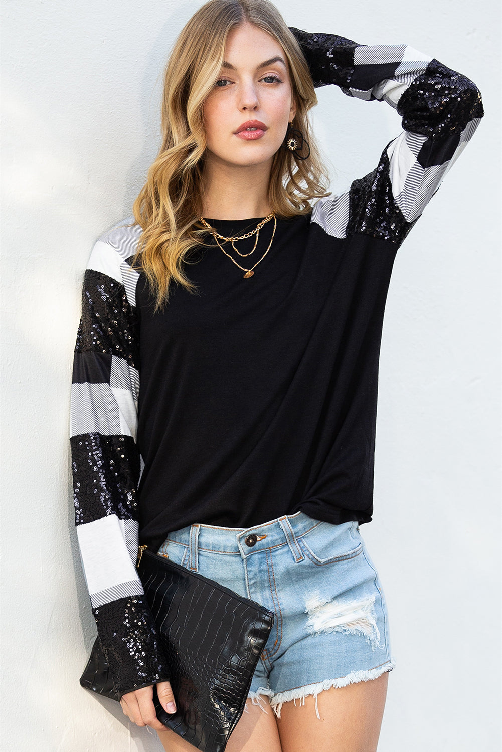 Black Sequin Plaid Patchwork Raglan Sleeve Top