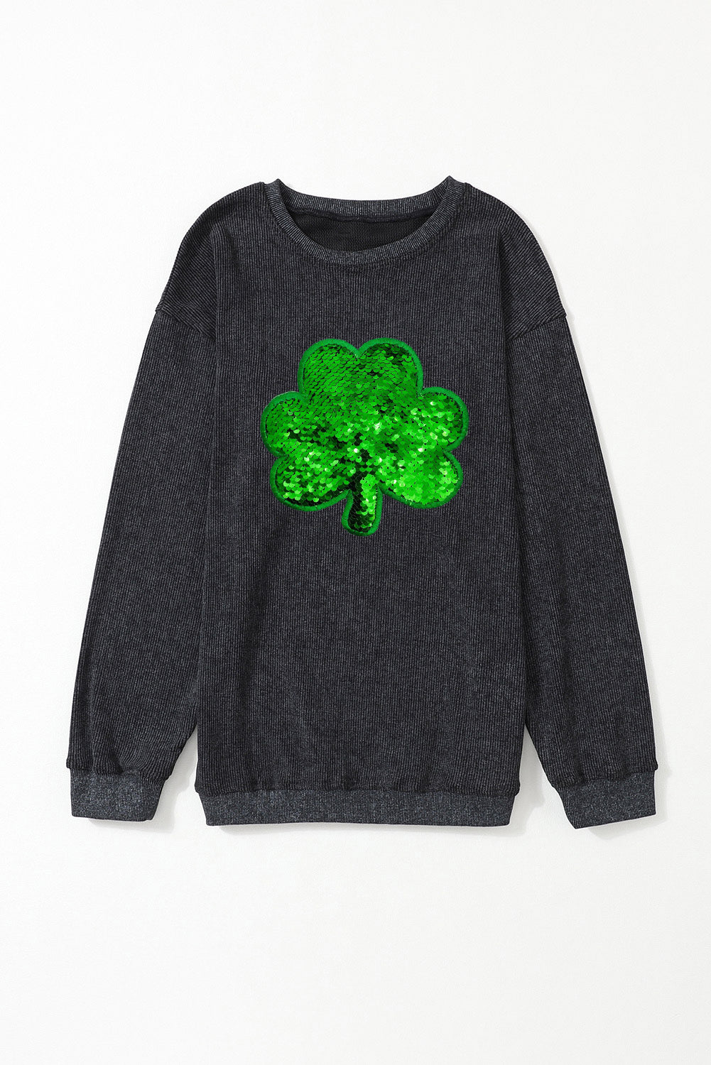 Black Sequin Embroidered Clover Corded Graphic Sweatshirt