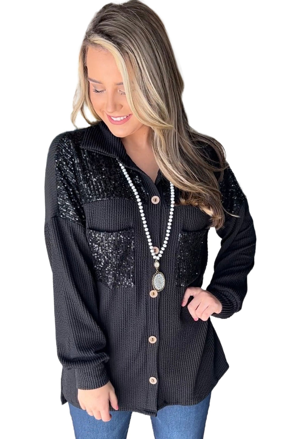 Parchment Sequin Patch Chest Pocket Corded Shirt