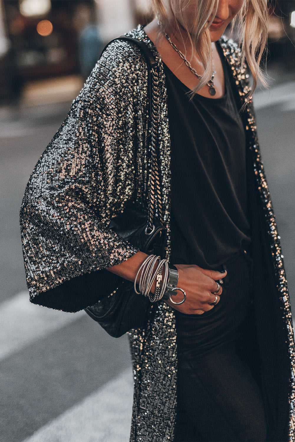 Silver Sequin Bracelet Sleeve Open Front Long Cardigan