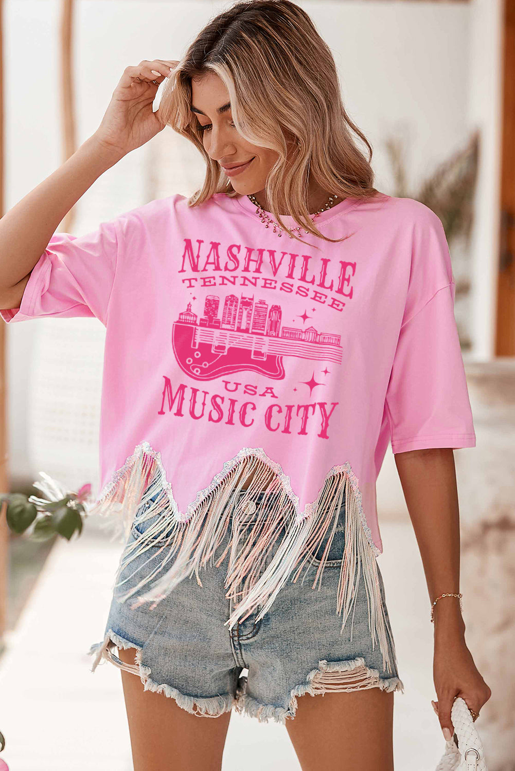 Pink NASHVILLE MUSIC CITY Graphic Sequin Fringed Hem Tee