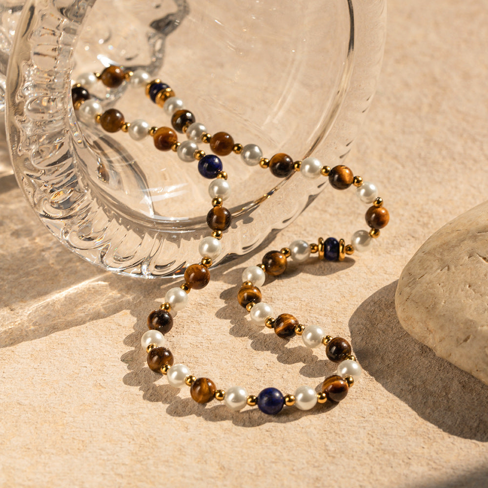 18k Gold Noble Atmosphere Inlaid Pearl Lapis Lazuli Tiger Eye Bead String Design Light Luxury Style Necklace