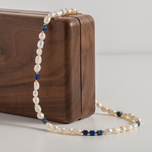 Classic Noble Karaine Blue Lapis Lazuli with Natural Freshwater Pearl Beaded Design Versatile Necklace